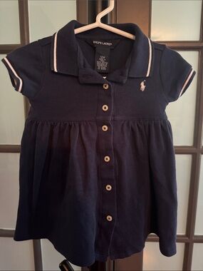 Ralph Lauren Navy Button-Front Polo Dress Top with White Trim